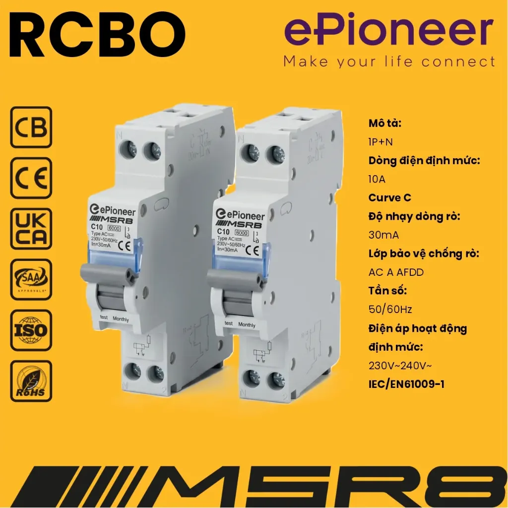 RCBO C10 30mA 6KA ePioneer MSR8 1P+N (Loại 2 cực trên 1 tép đơn)