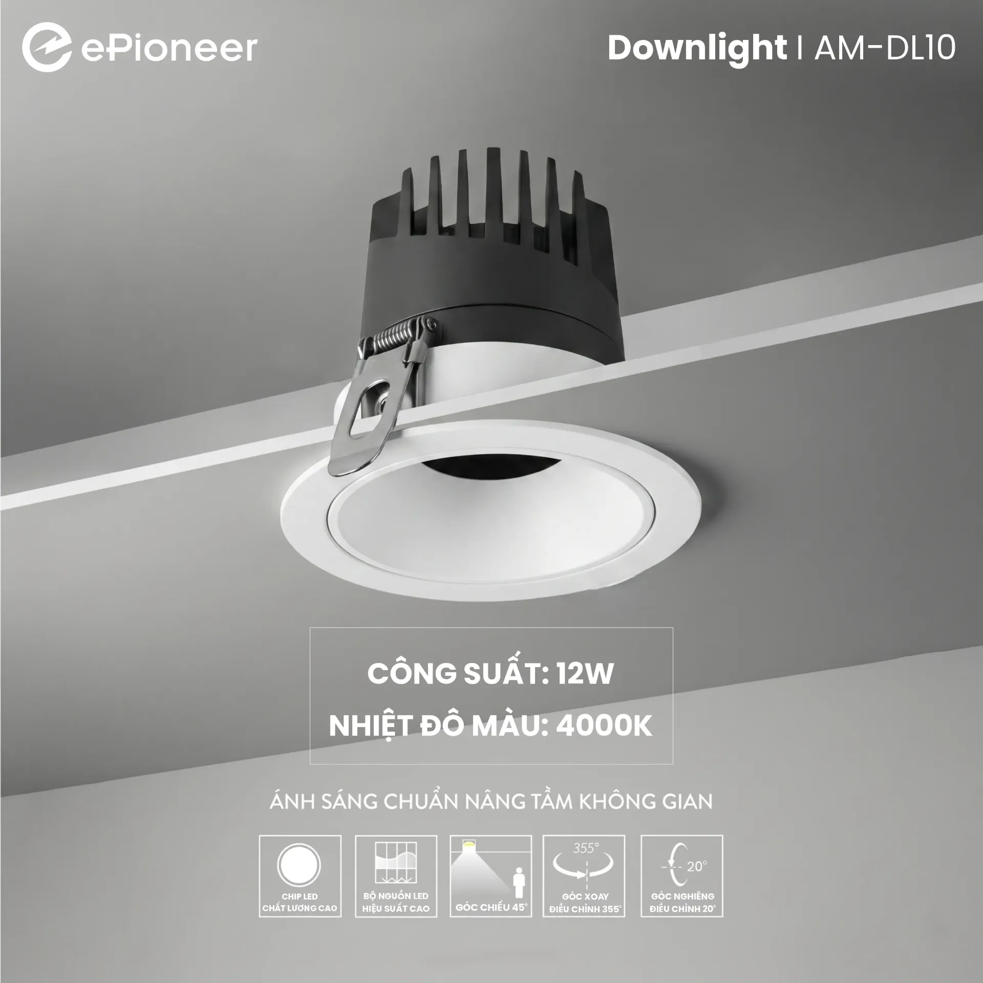 Đèn Downlight 12W - nhiệt độ màu 4000K - chóa màu trắng