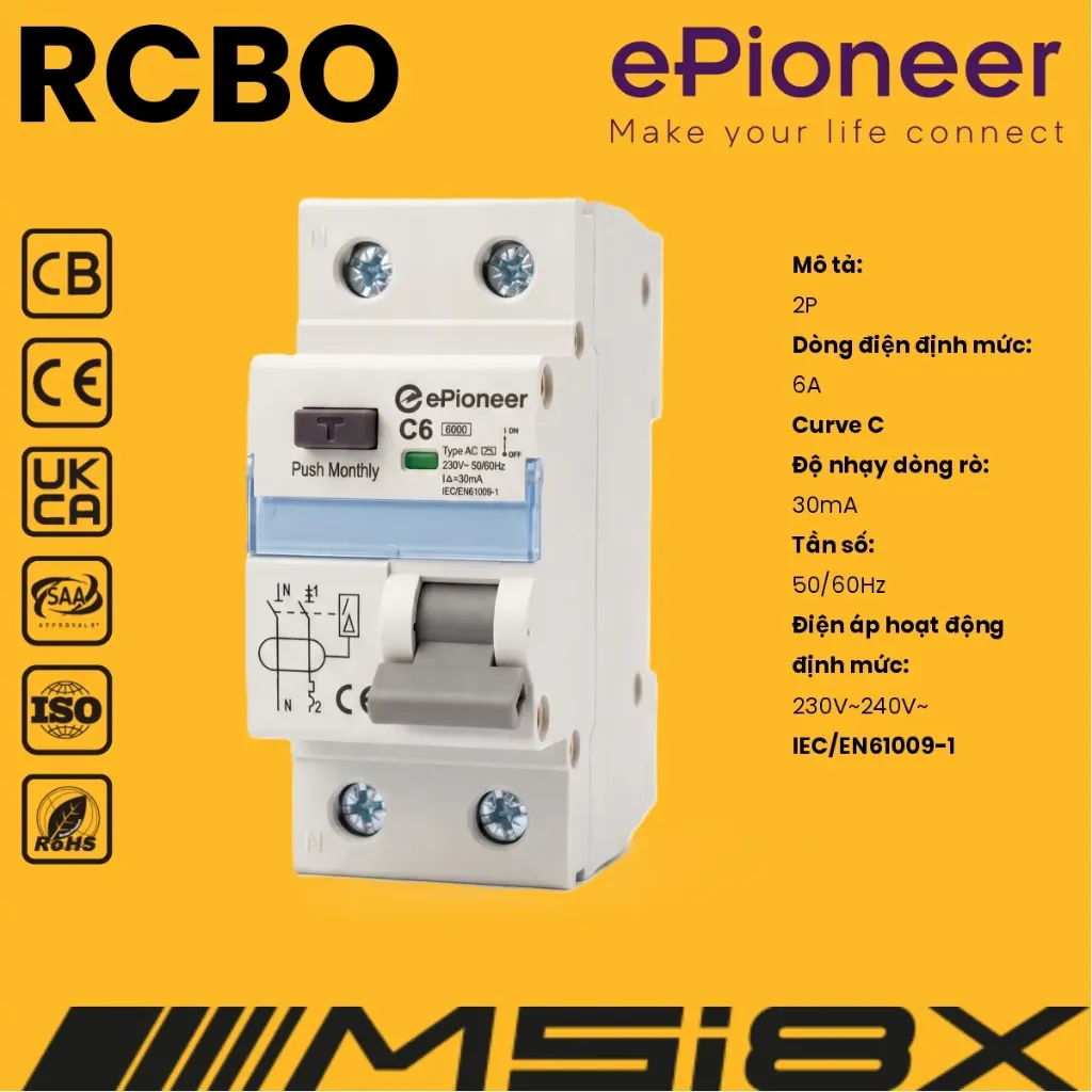 RCBO C6 / C10 / C25 - 30mA 6KA ePioneer MSi8X 2P (C6)